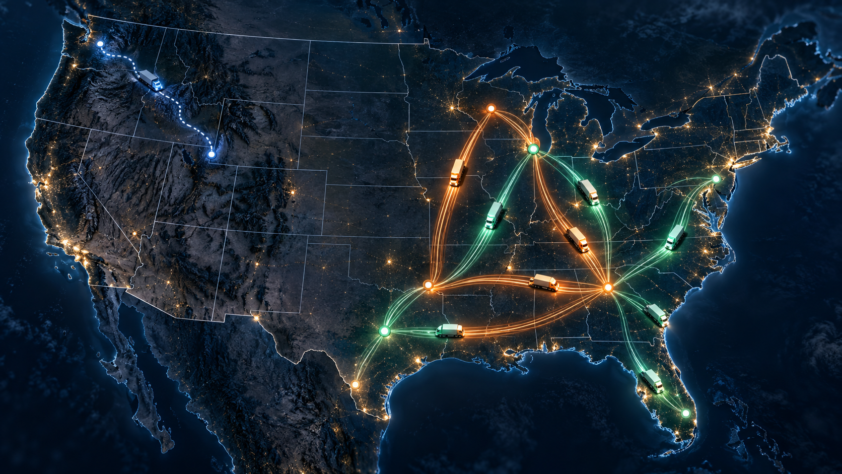Illustrated nighttime map of the contiguous United States with repeated freight corridors, truck locations, and one isolated route outside the established network.